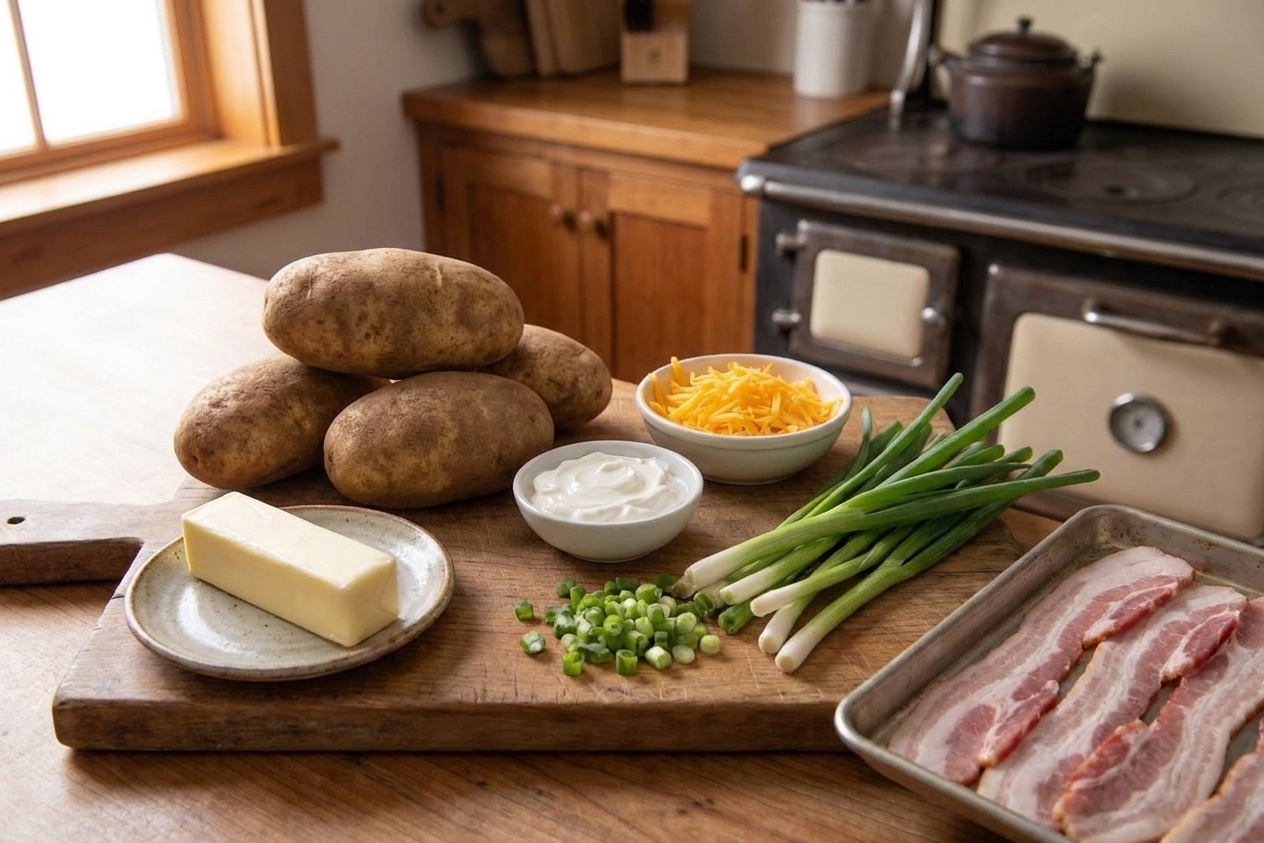 Whole russet potatoes, a stick of butter, sour cream, shredded cheddar, green onions, and bacon on a bright kitchen counter