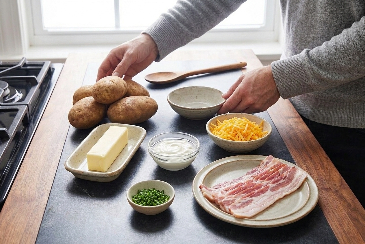 Whole russet potatoes, a stick of butter, sour cream, shredded cheddar, chives, and raw bacon arranged on a clean kitchen counter in consistent warm lighting