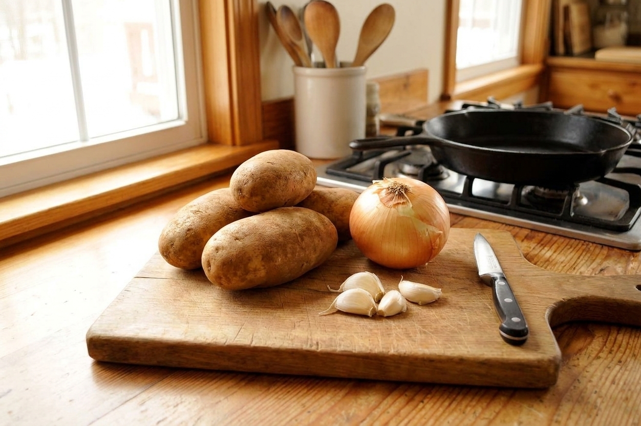 Whole russet potatoes, a yellow onion, and garlic cloves arranged on a wooden cutting board on a bright kitchen counter