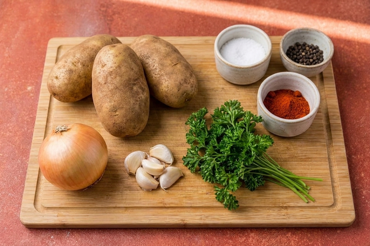 Whole russet potatoes, a yellow onion, garlic cloves, and a bunch of parsley arranged on a light kitchen counter with small bowls of salt, pepper, and paprika