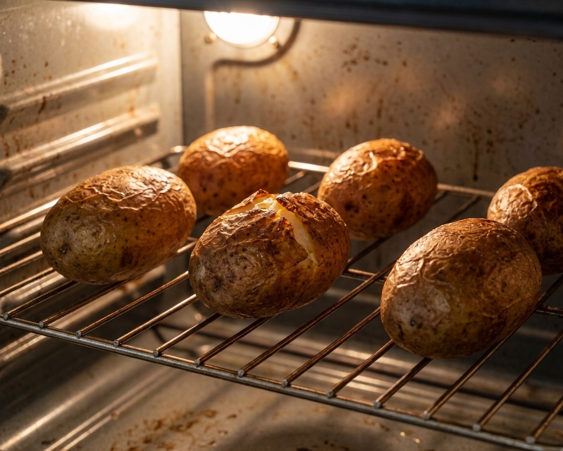 Whole russet potatoes baking in a home oven with the skins turning dry and golden
