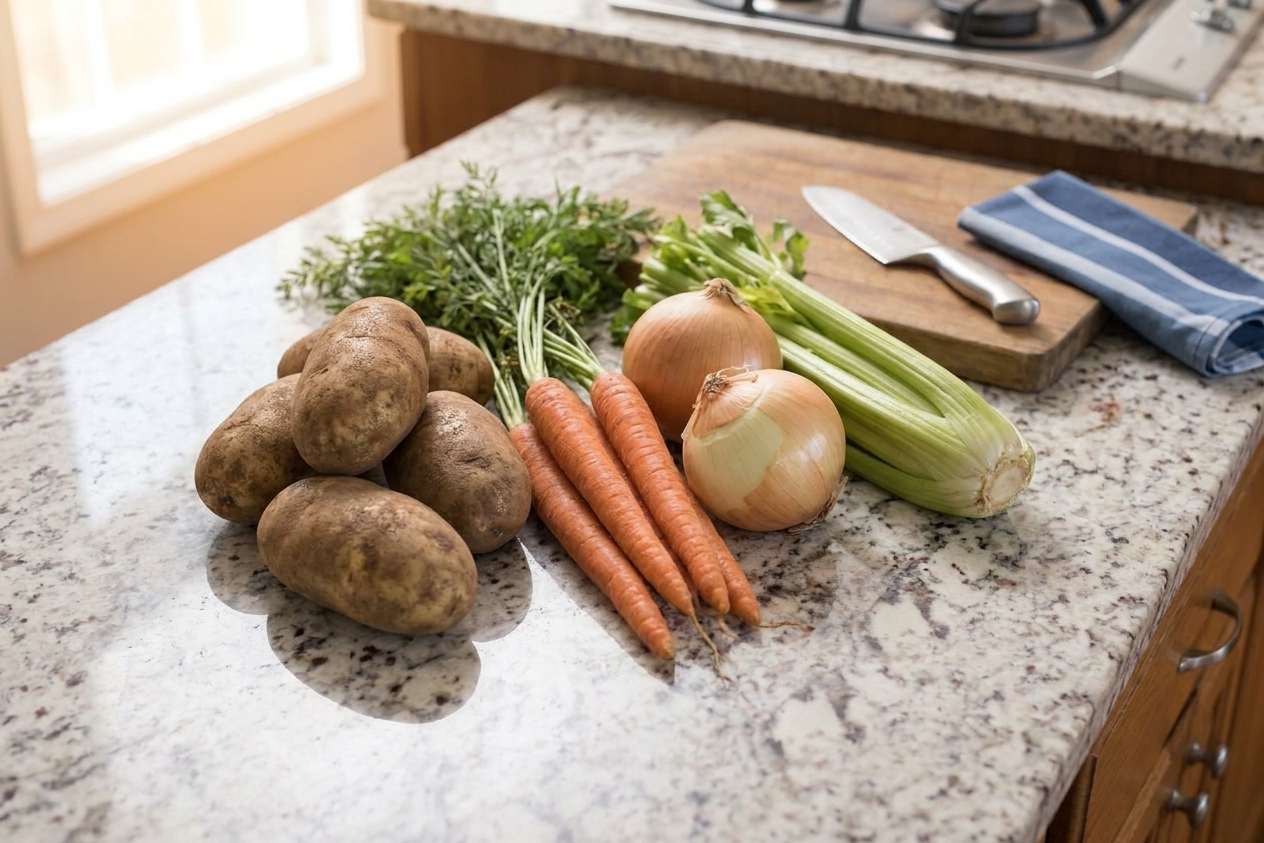 Whole russet potatoes, carrots, yellow onions, and celery arranged on a light kitchen counter with soft natural window light