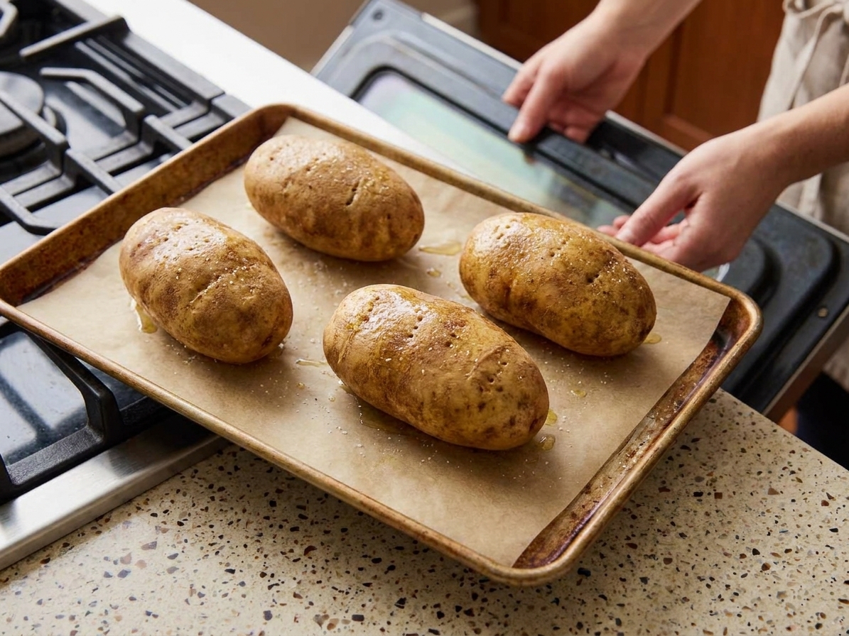 Whole russet potatoes on a baking sheet with fork poke holes, ready to go into the oven on a kitchen counter