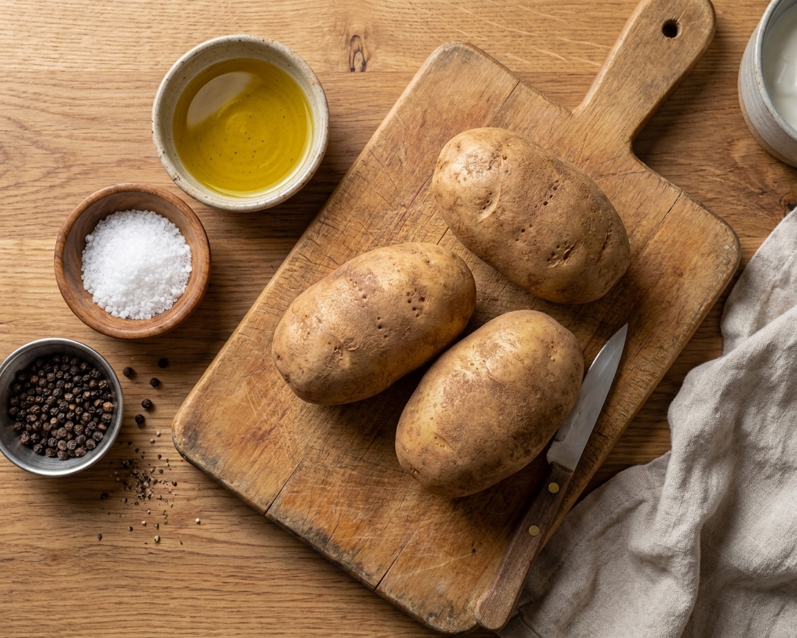 Whole russet potatoes on a cutting board with a small bowl of olive oil, kosher salt, and pepper beside them on a kitchen counter