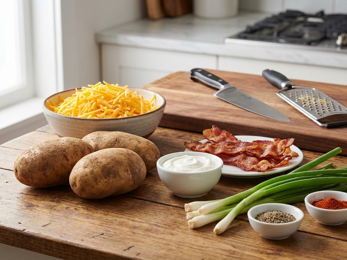 Whole russet potatoes, shredded cheddar, sour cream, cooked bacon, green onions, and seasonings arranged on a kitchen counter ready for prep