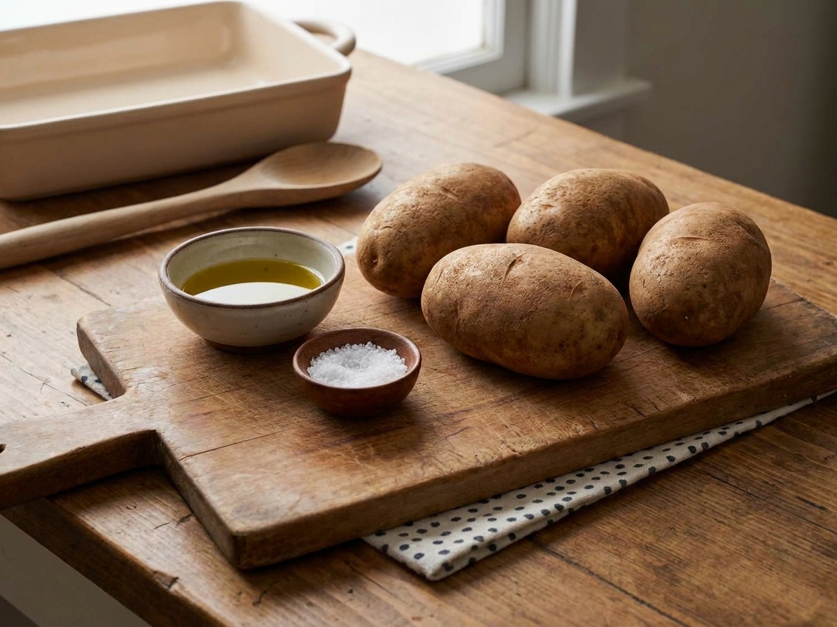 Whole russet potatoes with a small bowl of oil and a pinch bowl of salt on a kitchen counter