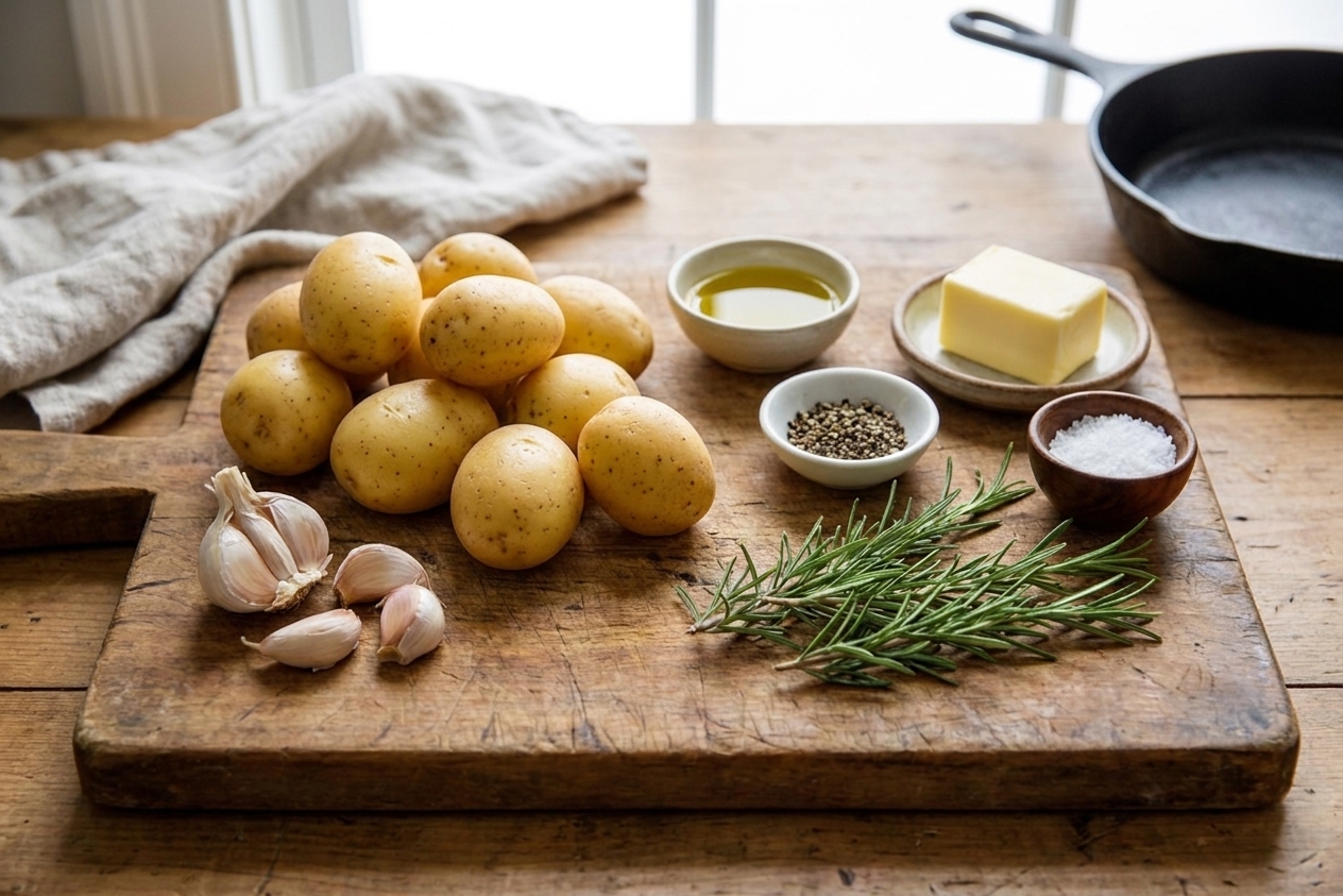 Whole small gold potatoes, garlic cloves, fresh rosemary, butter, olive oil, salt, and pepper arranged on a wooden cutting board in a bright home kitchen