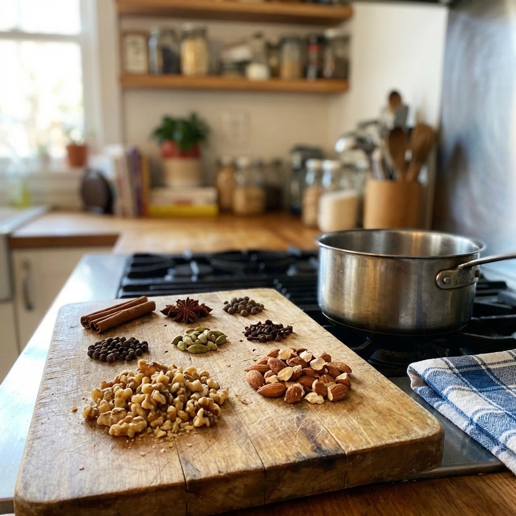 Whole spices and chopped nuts arranged on a cutting board next to a saucepan