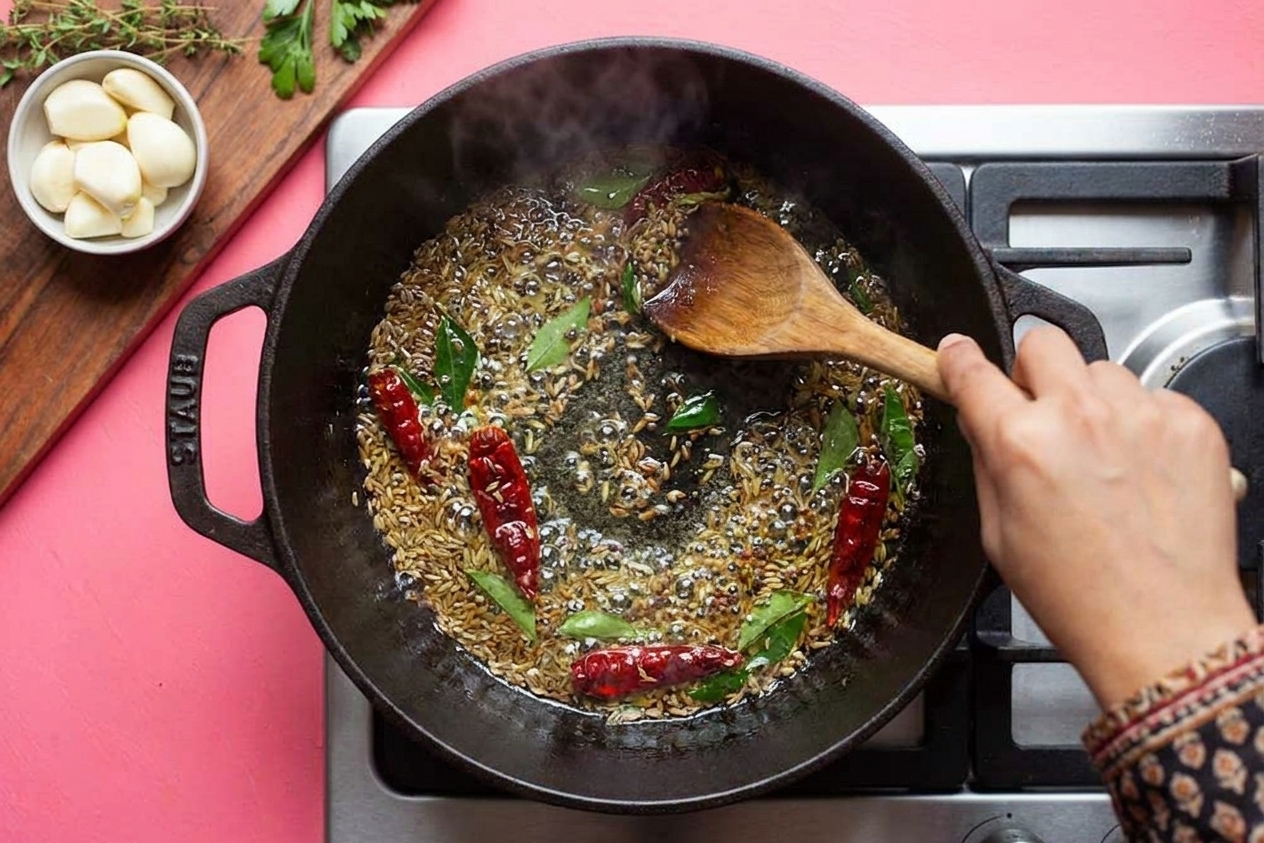 Whole spices and seeds sizzling in oil in a heavy pot on a stovetop, captured mid-cook