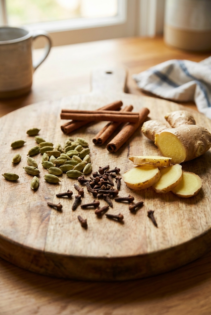 Whole spices for chai including cardamom pods, cinnamon sticks, cloves, and fresh ginger on a cutting board
