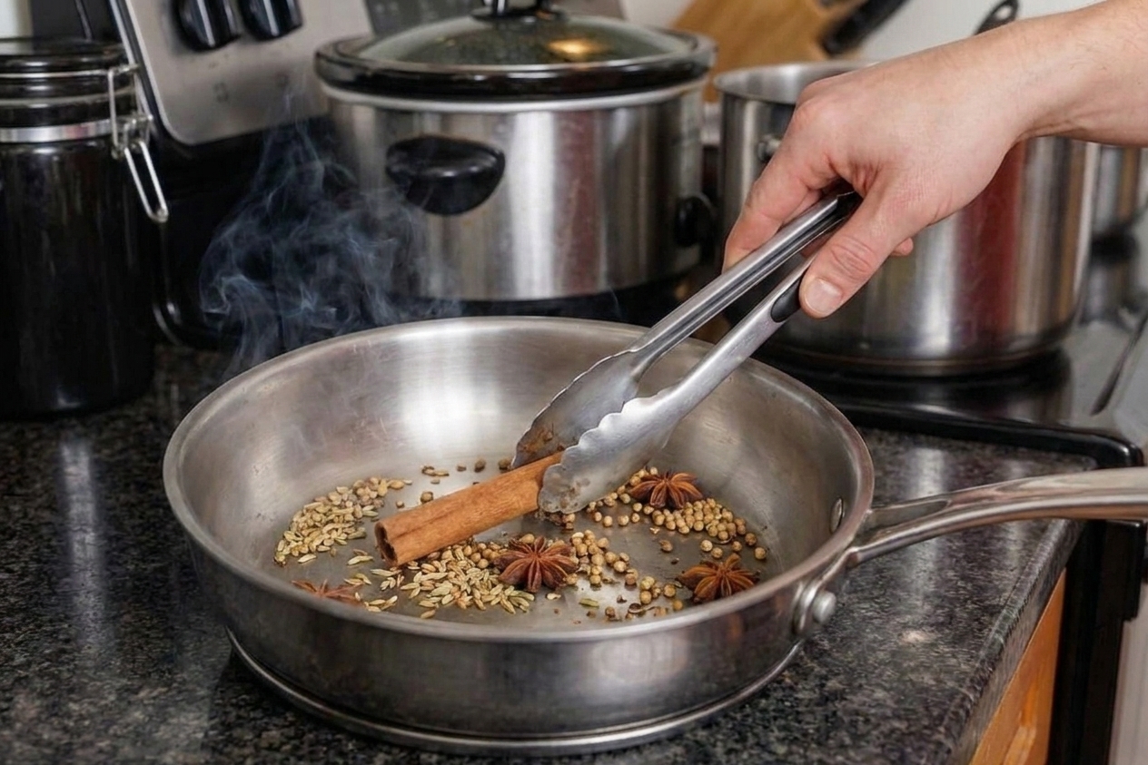 Whole spices for pho toasting in a dry saucepan over a stove, with cinnamon stick and star anise visible