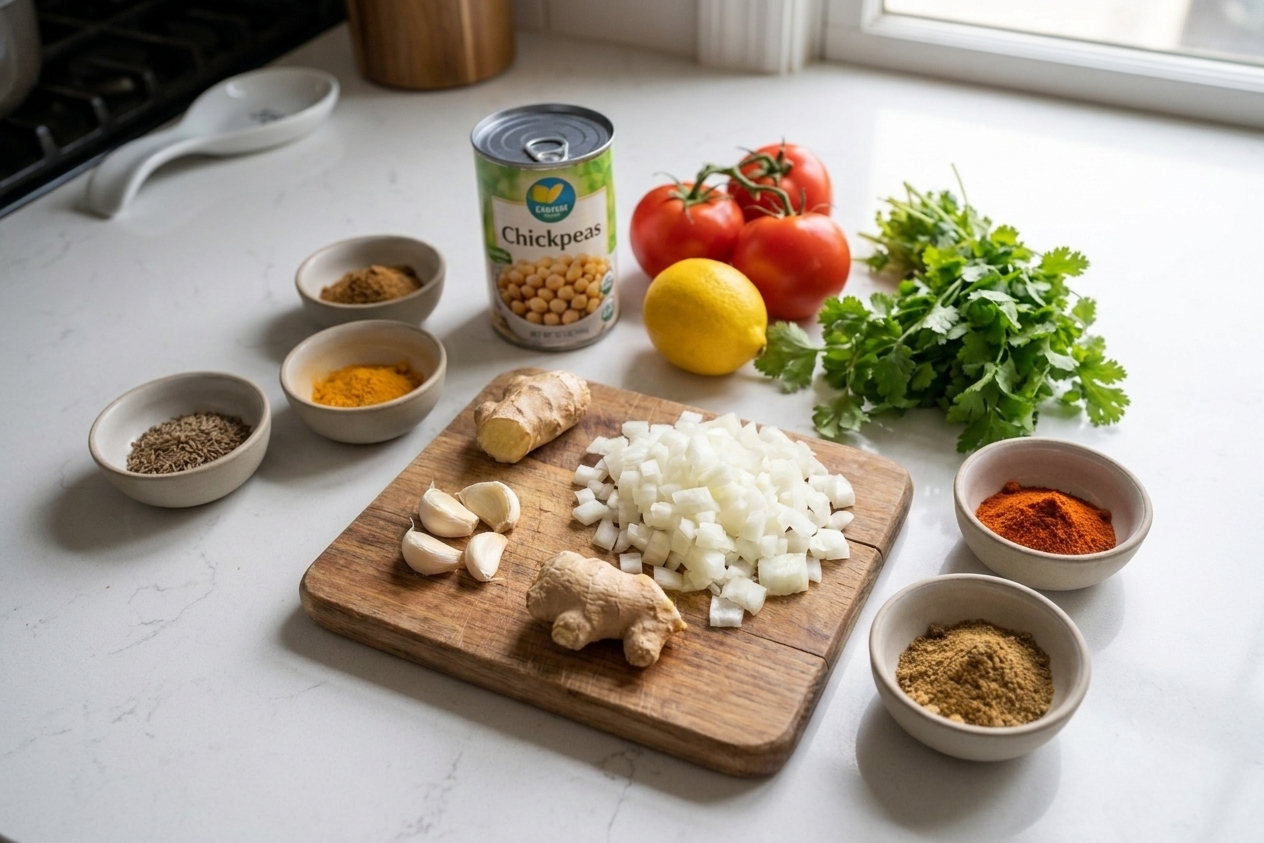 Whole spices, ground spices, canned chickpeas, tomatoes, onions, garlic, ginger, lemon, and cilantro arranged on a bright kitchen counter with a wooden cutting board