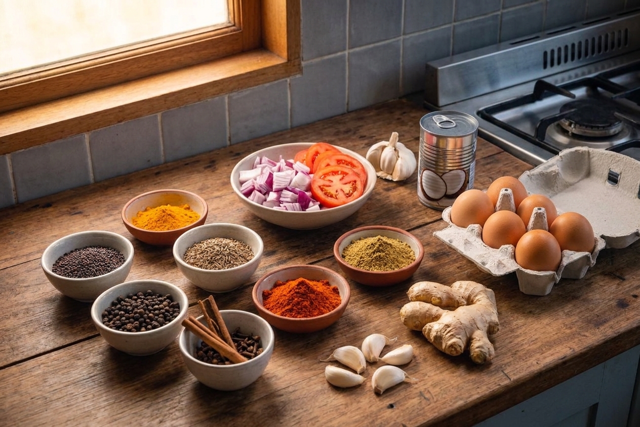 Whole spices, ground spices, onions, tomatoes, garlic, ginger, eggs, and a small can of coconut milk arranged on a clean kitchen counter in warm natural light