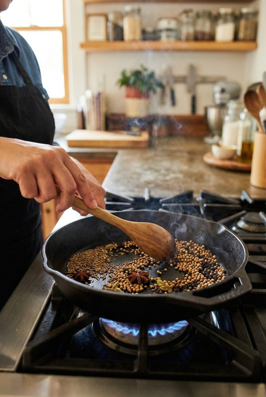 Whole spices in a skillet being toasted over medium heat