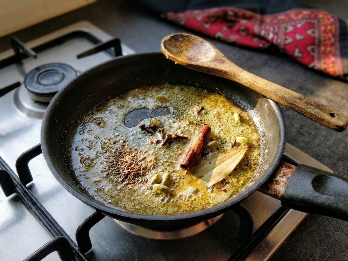 Whole spices sizzling in melted butter in a shallow skillet on a stovetop, with a wooden spoon resting on the rim