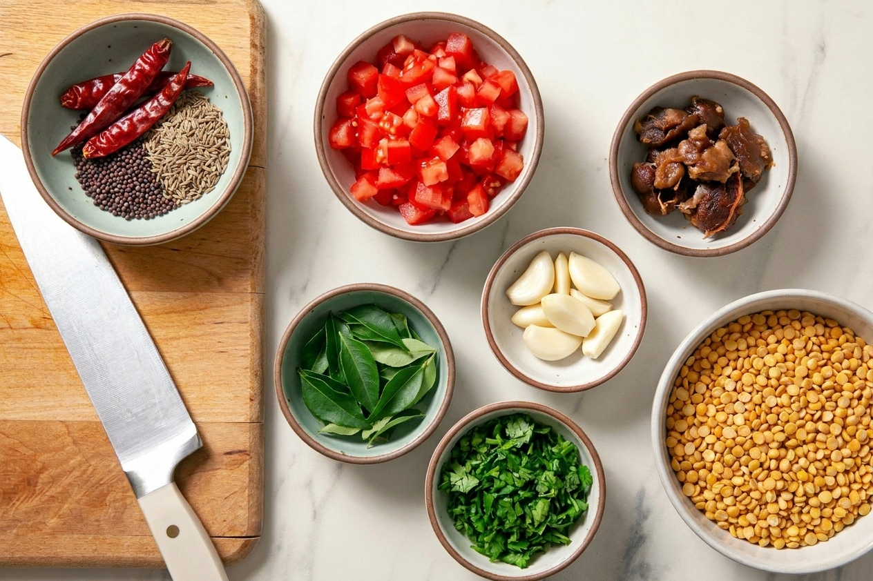 Whole spices, tomatoes, tamarind, garlic, curry leaves, cilantro, and lentils arranged on a tidy kitchen counter in small bowls