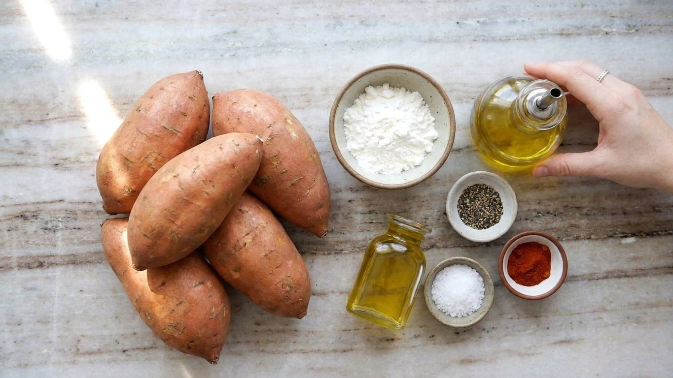 Whole sweet potatoes, a small bowl of cornstarch, olive oil, and spices arranged on a clean kitchen counter in warm natural light