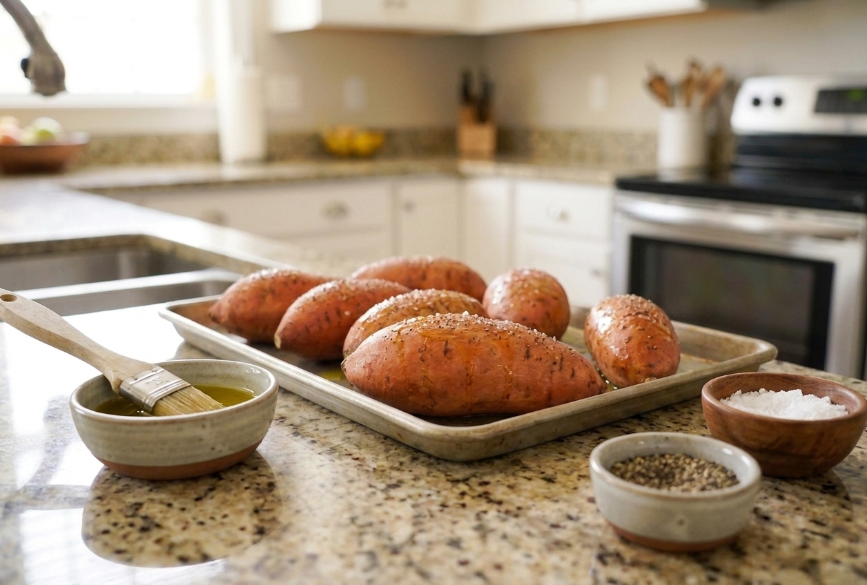 Whole sweet potatoes, a small bowl of olive oil, flaky salt, and black pepper on a bright kitchen counter ready for baking