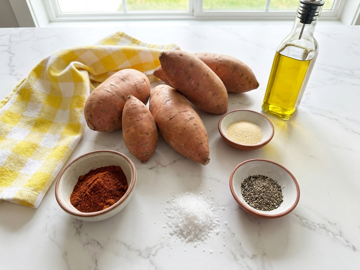 Whole sweet potatoes, a small bowl of paprika and garlic powder, kosher salt, black pepper, and a bottle of olive oil arranged on a clean kitchen counter in bright natural light