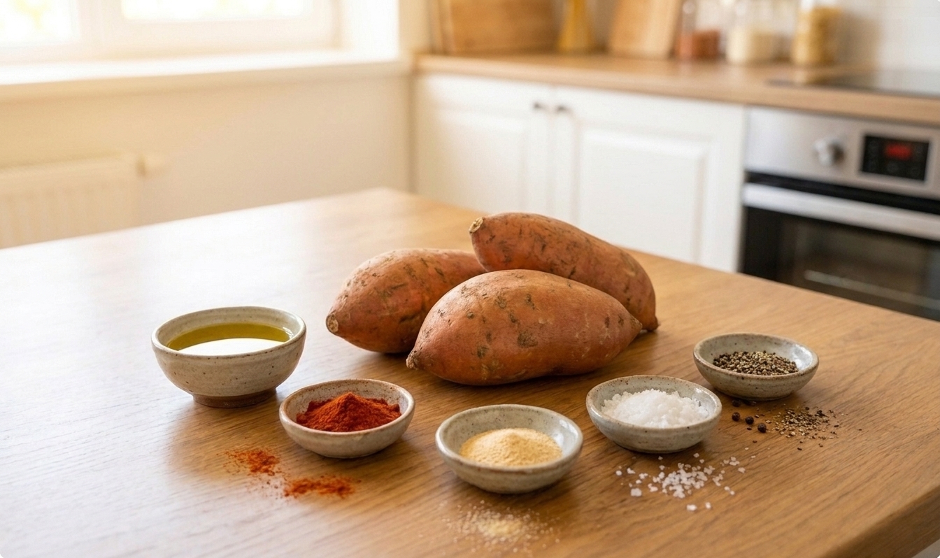 Whole sweet potatoes alongside small bowls of olive oil, paprika, garlic powder, salt, and pepper arranged on a tidy kitchen counter