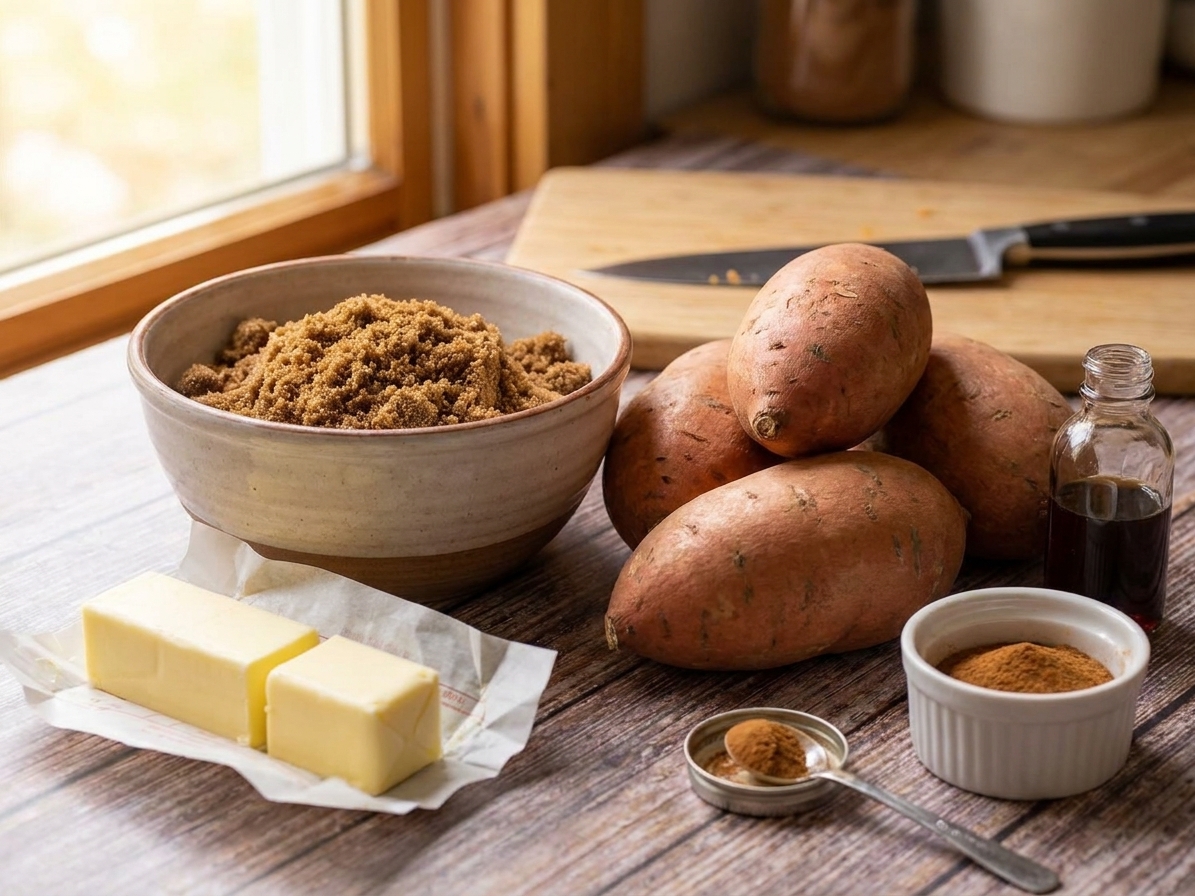 Whole sweet potatoes beside a bowl of brown sugar, sticks of butter, cinnamon, and vanilla on a bright kitchen counter, ready for prep