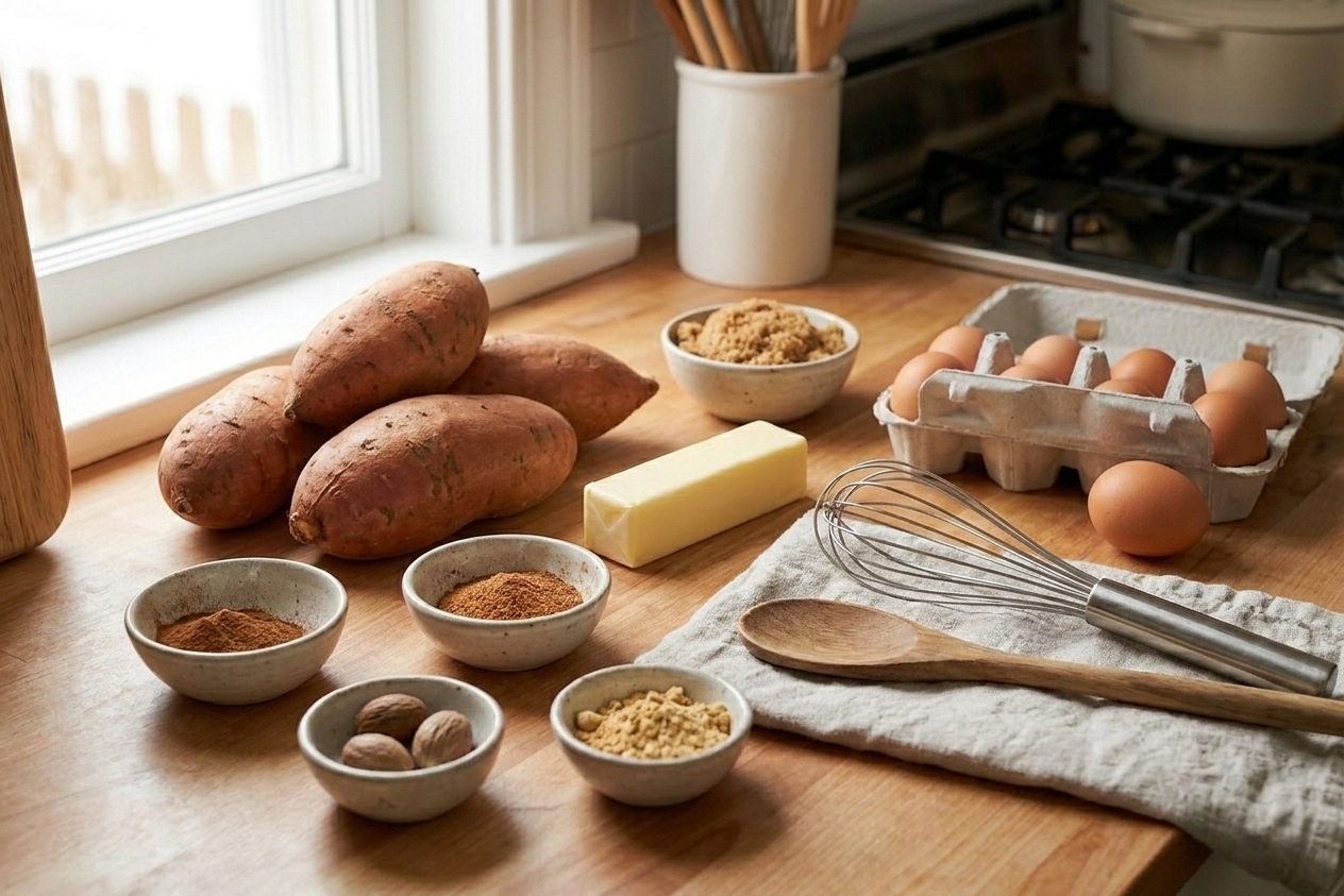 Whole sweet potatoes, butter, eggs, brown sugar, and spices arranged on a clean kitchen counter in warm natural light