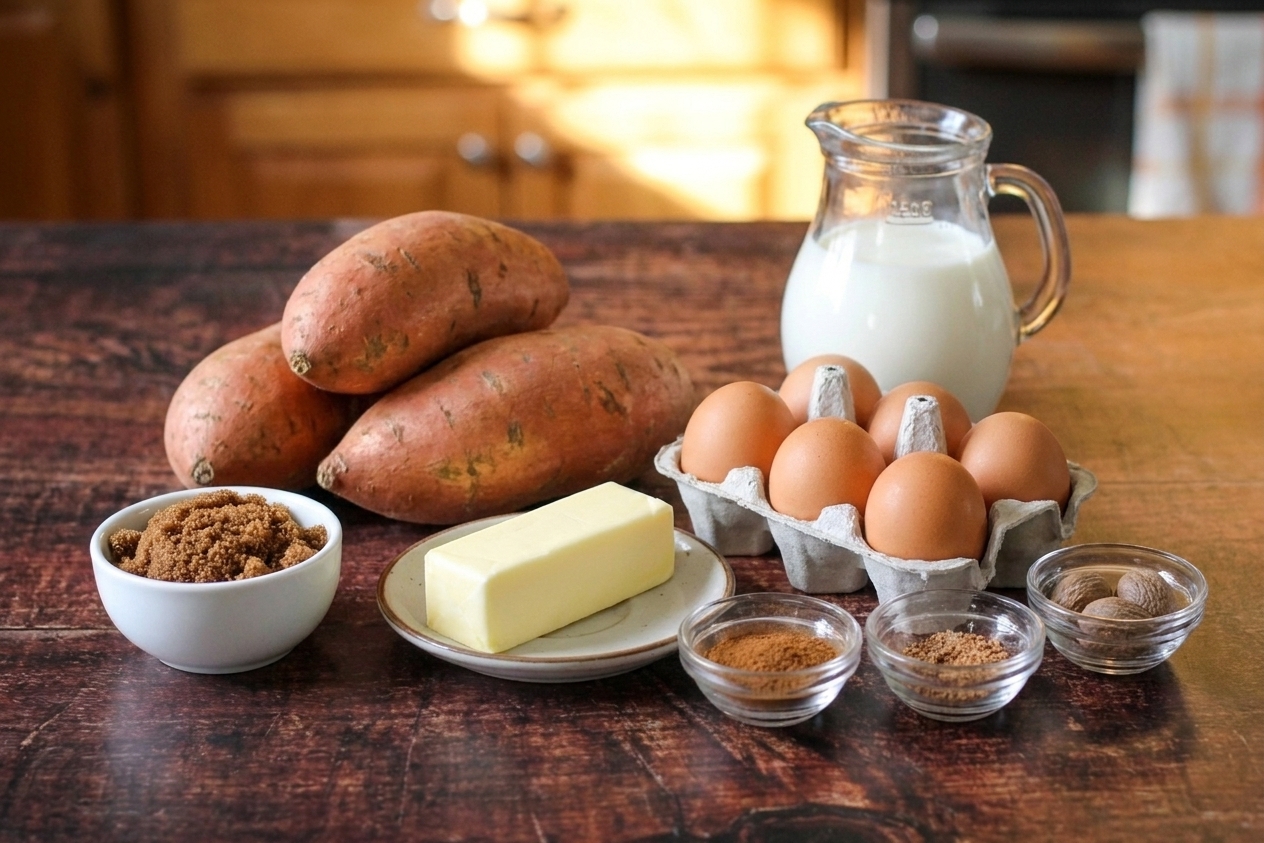 Whole sweet potatoes, butter, eggs, milk, brown sugar, and small bowls of cinnamon and nutmeg arranged on a clean kitchen counter in warm light