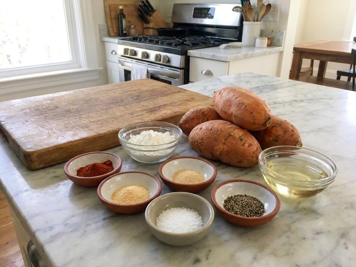 Whole sweet potatoes, cornstarch, paprika, garlic powder, salt, black pepper, and a small bowl of oil arranged on a light kitchen counter