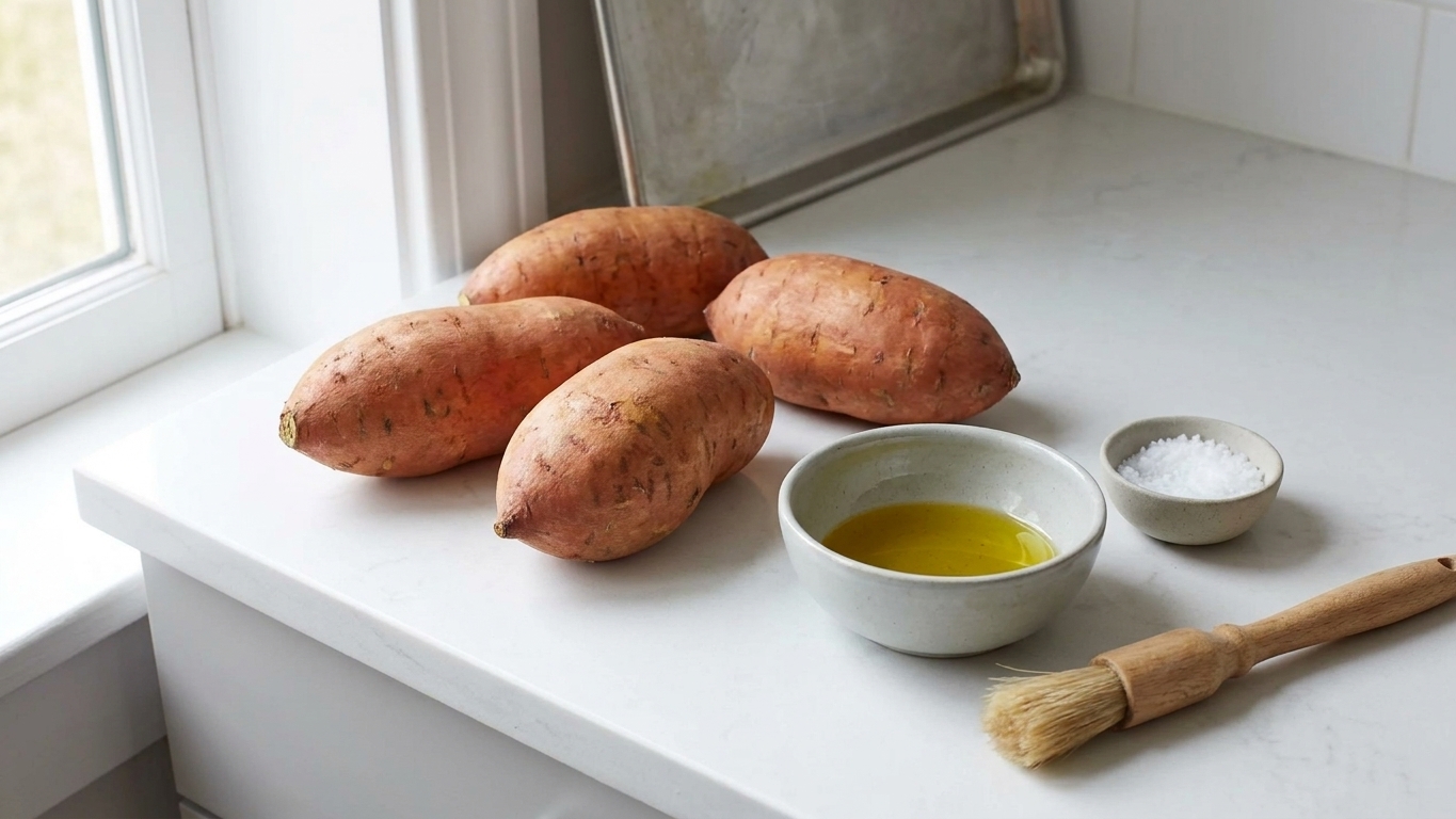 Whole sweet potatoes on a kitchen counter with a small bowl of olive oil and a pinch bowl of kosher salt, ready for baking
