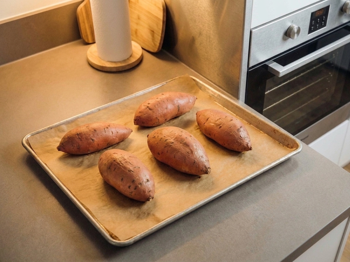 Whole sweet potatoes ready for roasting on a rimmed baking sheet lined with parchment on a home kitchen counter