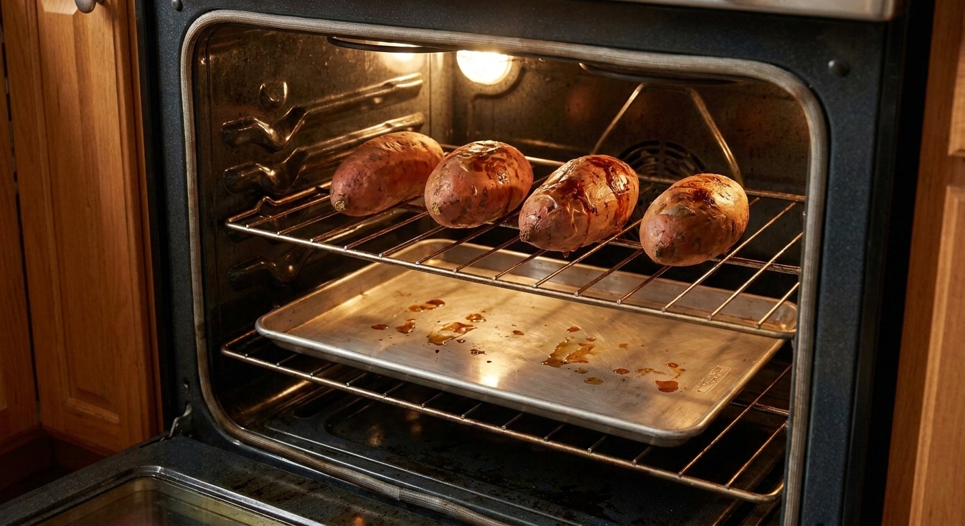 Whole sweet potatoes roasting in an oven with a sheet pan on the rack below