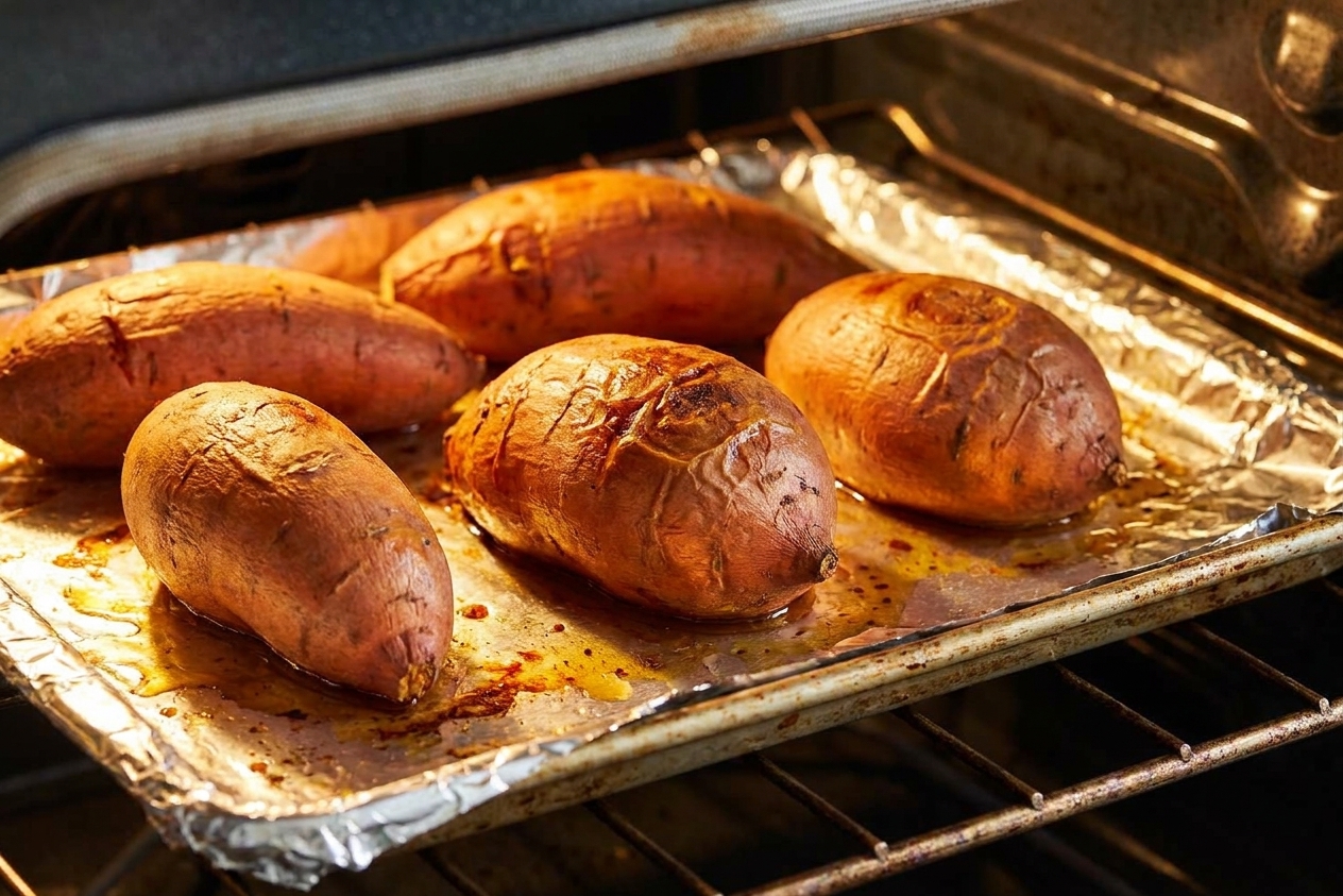 Whole sweet potatoes roasting on a foil-lined baking sheet in a home oven