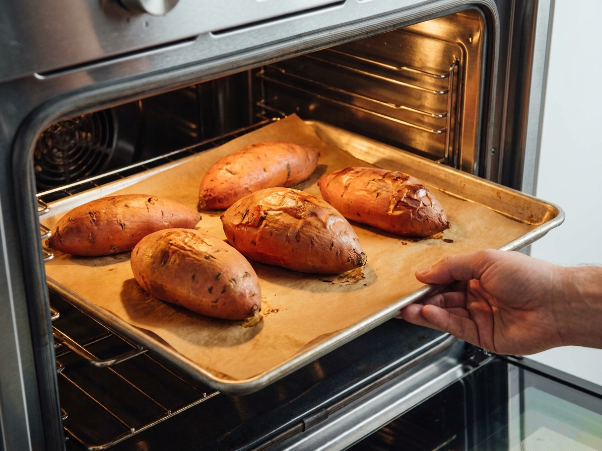 Whole sweet potatoes roasting on a parchment-lined baking sheet as it slides into a home oven