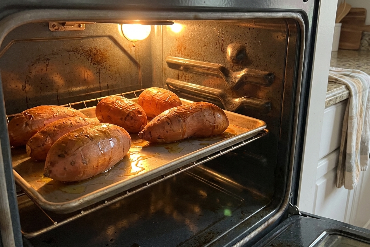 Whole sweet potatoes roasting on a sheet pan inside a home oven with warm light