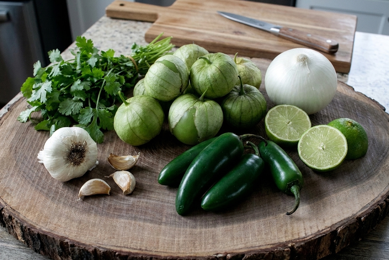 Whole tomatillos, cilantro, jalapeños, onion, garlic, and limes arranged on a kitchen counter as ingredients for salsa verde