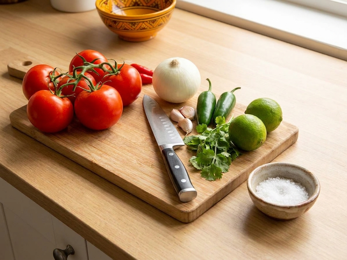 Whole tomatoes, jalapeños, white onion, garlic, cilantro, limes, and a small bowl of salt arranged on a clean kitchen counter with a cutting board and knife