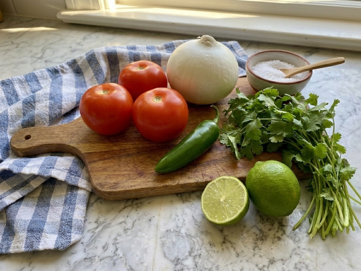 Whole tomatoes, white onion, jalapeño, cilantro, limes, and a small bowl of salt arranged on a kitchen counter next to a cutting board