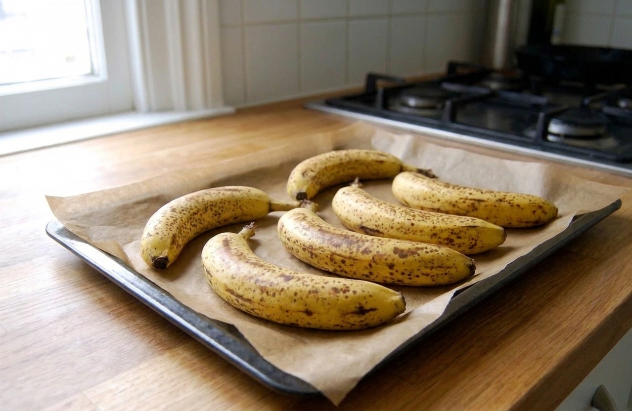 Whole unpeeled bananas on a parchment-lined baking sheet ready for the oven