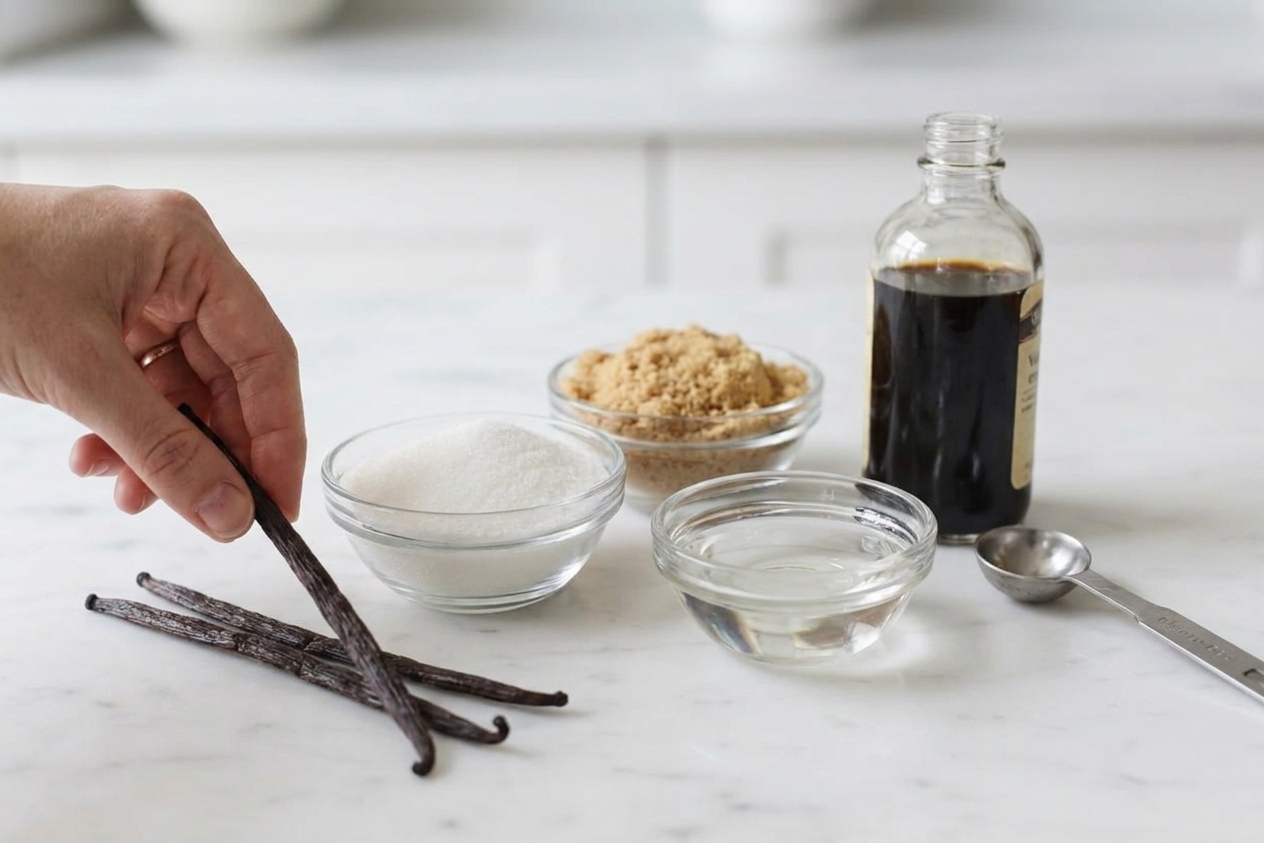 Whole vanilla beans, granulated sugar, brown sugar, a small bowl of vegetable glycerin, and a bottle of vanilla extract arranged on a neutral kitchen counter