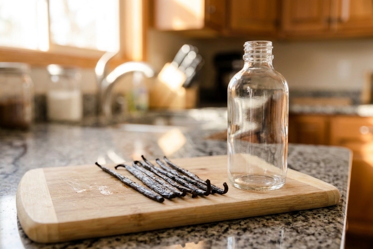 Whole vanilla beans lined up on a wooden cutting board beside a clean glass bottle on a kitchen counter
