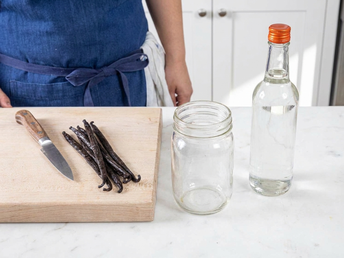Whole vanilla beans on a cutting board beside a bottle of vodka and an empty glass jar, set up on a bright kitchen counter