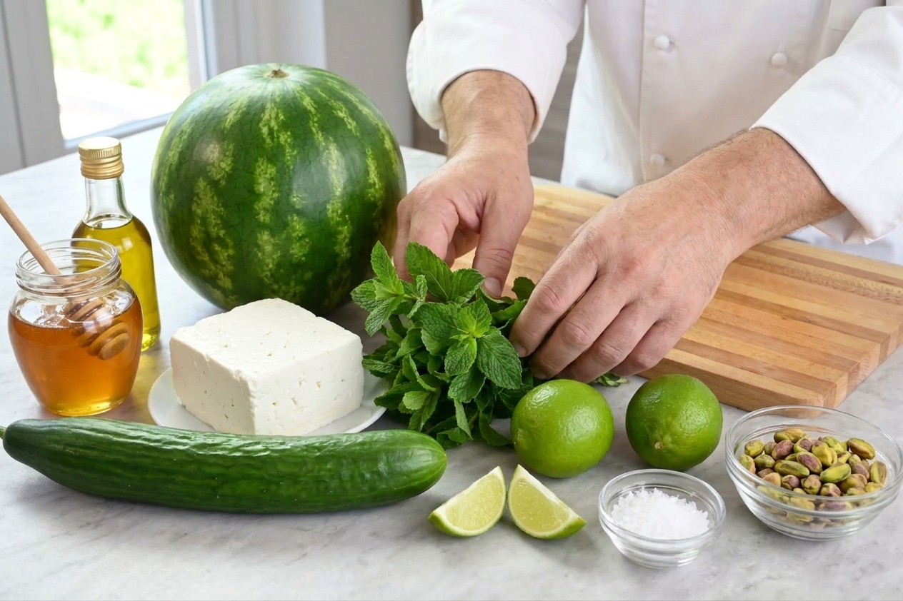 Whole watermelon, a block of feta, a cucumber, fresh mint, limes, honey, olive oil, flaky salt, and pistachios arranged on a bright kitchen counter