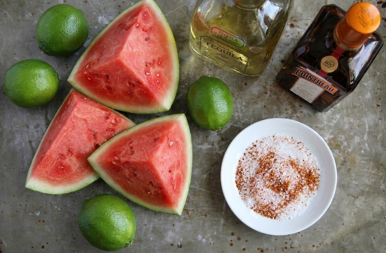 Whole watermelon wedges, limes, tequila, orange liqueur, and a small bowl of salt and Tajín arranged on a clean kitchen counter