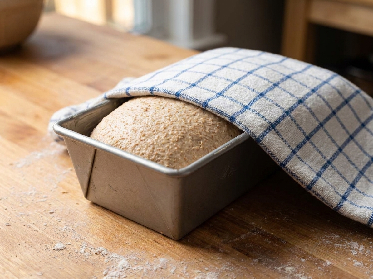 Whole wheat bread dough rising in a greased loaf pan on a kitchen counter covered with a clean towel in warm afternoon light
