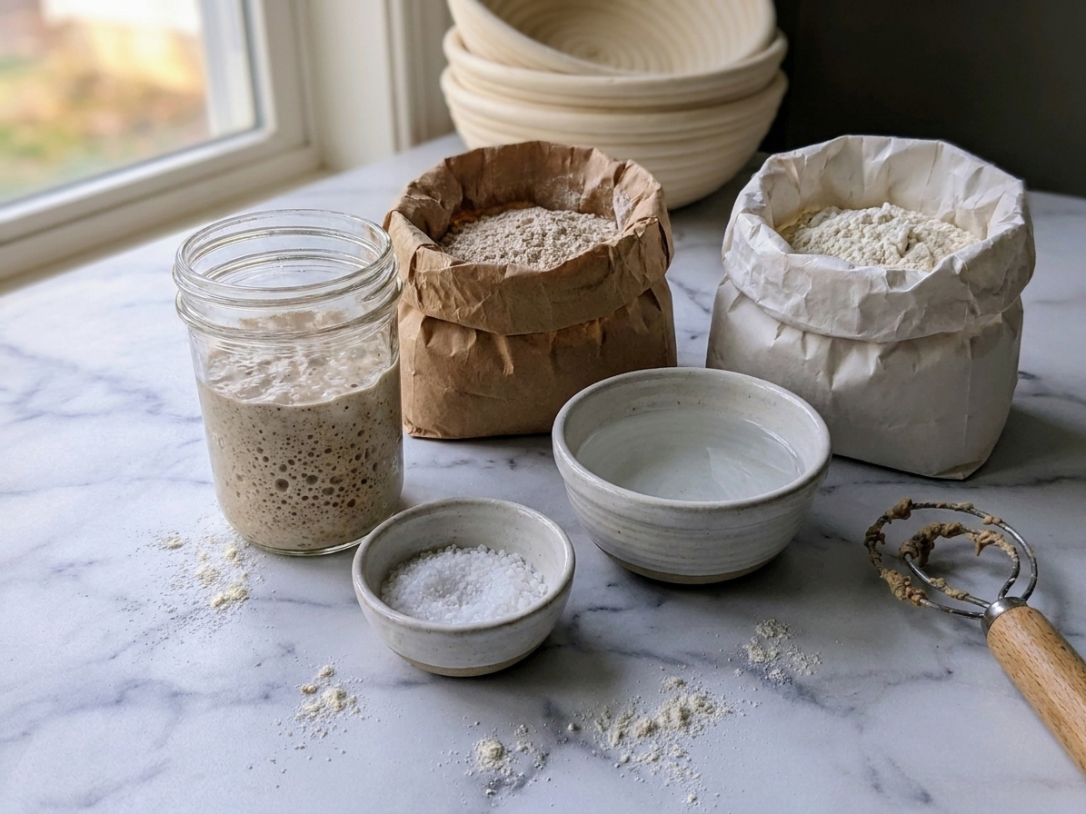 Whole wheat flour, bread flour, a jar of bubbly sourdough starter, a bowl of water, and a small bowl of salt arranged on a tidy kitchen counter in natural light