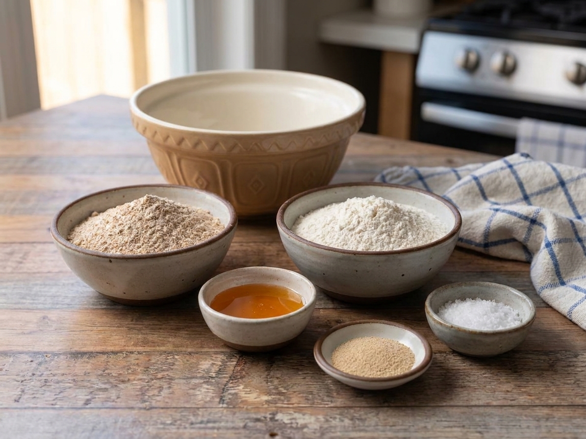 Whole wheat flour, bread flour, honey, yeast, and salt arranged in small bowls on a clean kitchen counter with a mixing bowl nearby