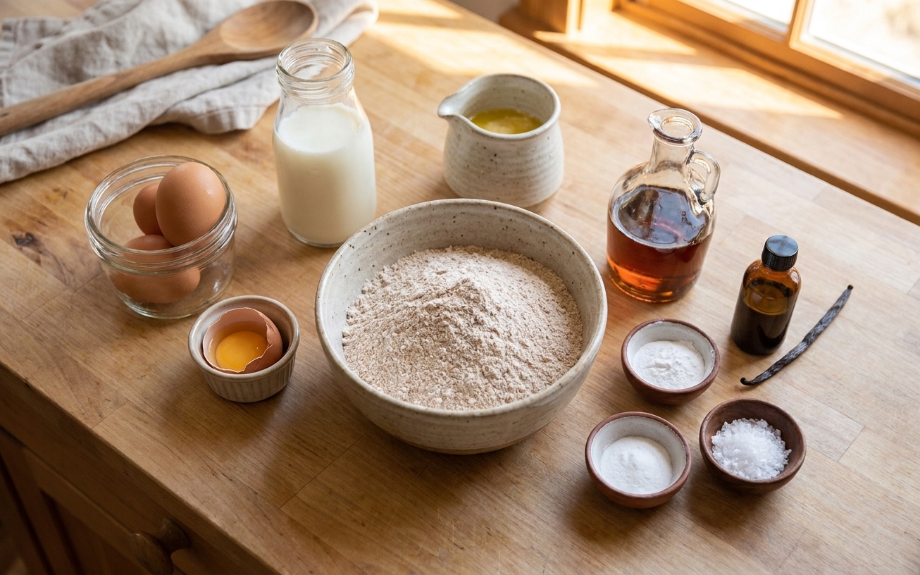Whole wheat flour, eggs, milk, melted butter, maple syrup, baking powder, baking soda, salt, and vanilla arranged on a clean kitchen counter in natural light