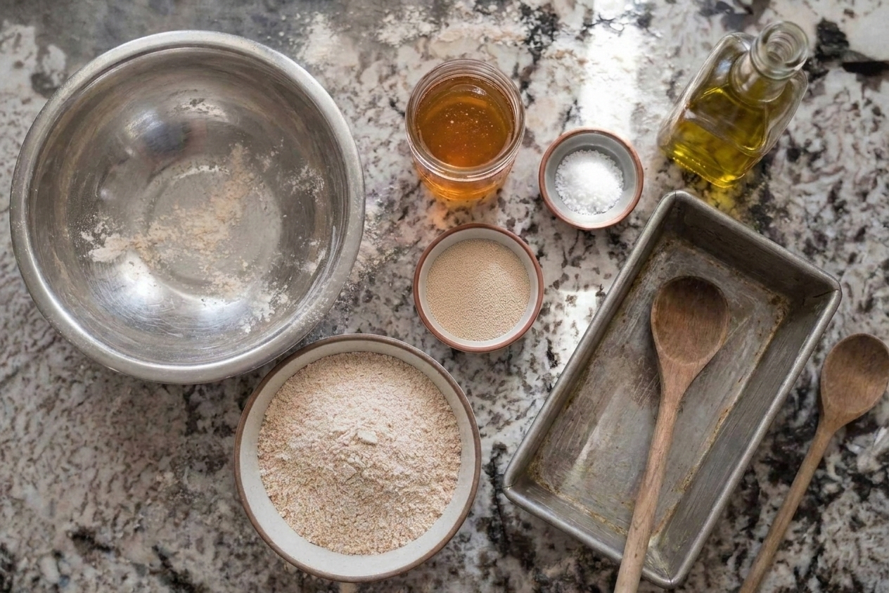 Whole wheat flour, honey, yeast, and salt measured in small bowls next to a mixing bowl on a bright kitchen counter