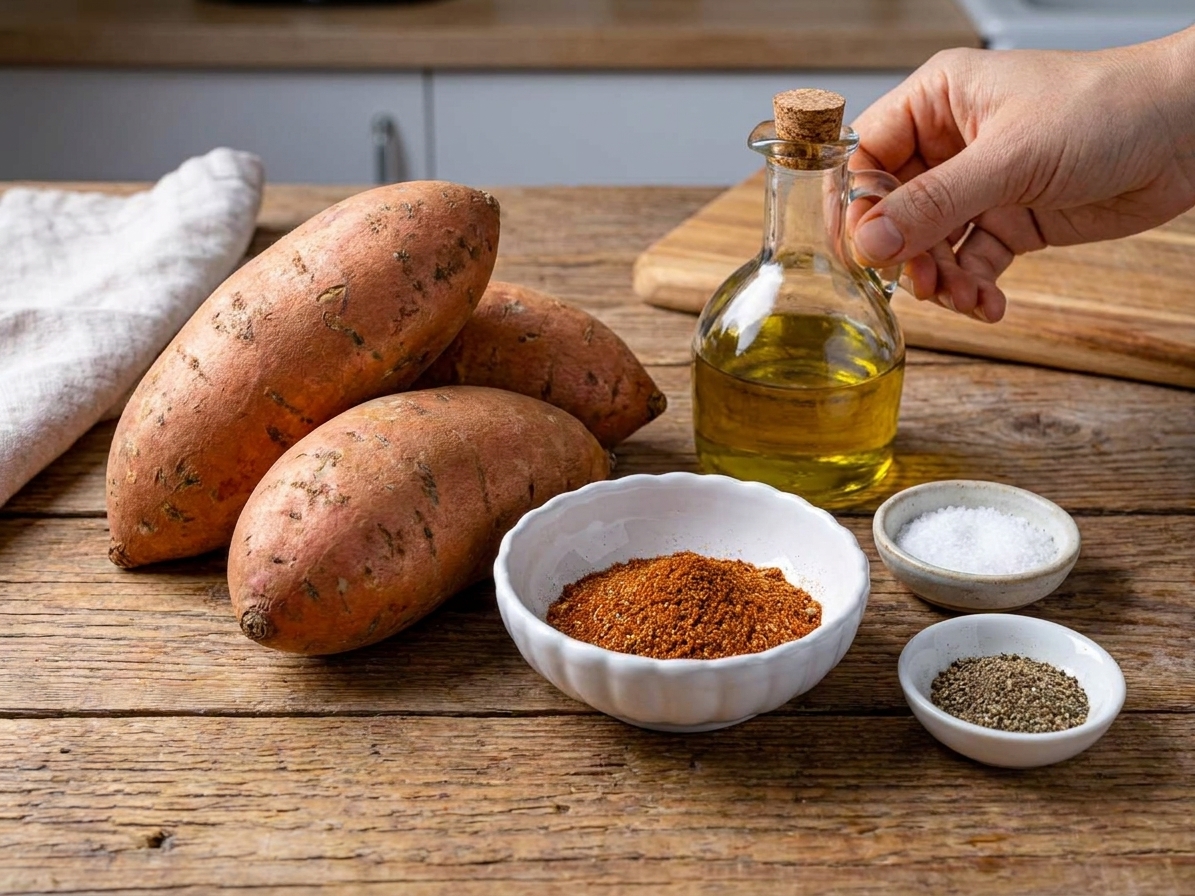 Whole yams, a small bowl of spices, salt, pepper, and a bottle of olive oil arranged on a bright kitchen counter