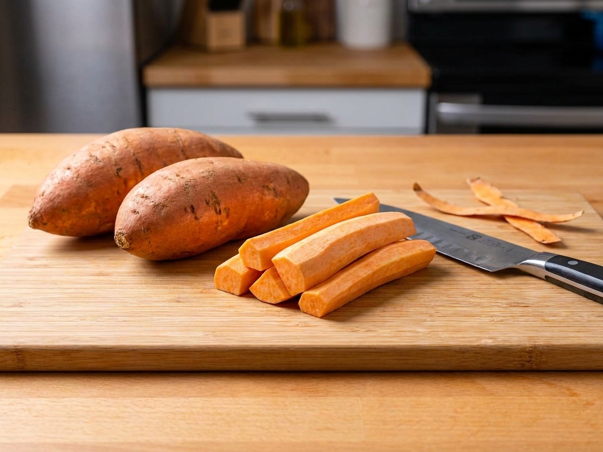 Whole yams and peeled yam spears on a wooden cutting board with a chef's knife, set on a bright kitchen counter